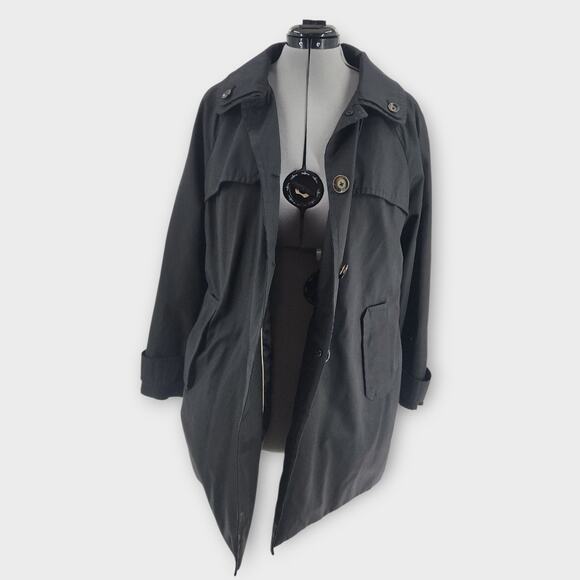 London Fog Trench Coat Women's XL Black Button Down Removable Hood Pockets - Picture 4 of 9